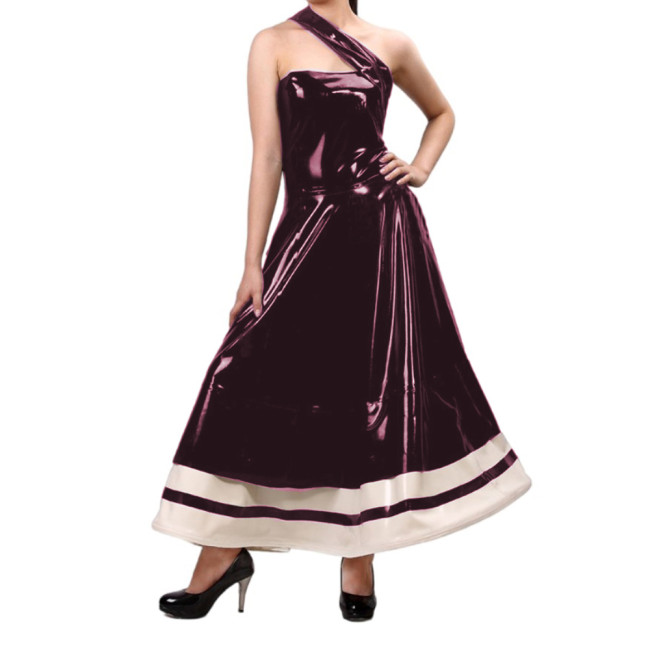 Sexy Women Elegant Wet Look PVC Sleeveless Oblique Strap Flare Dress Vestidos Party Ball Gown Wedding Evening Long Dress S-7XL
