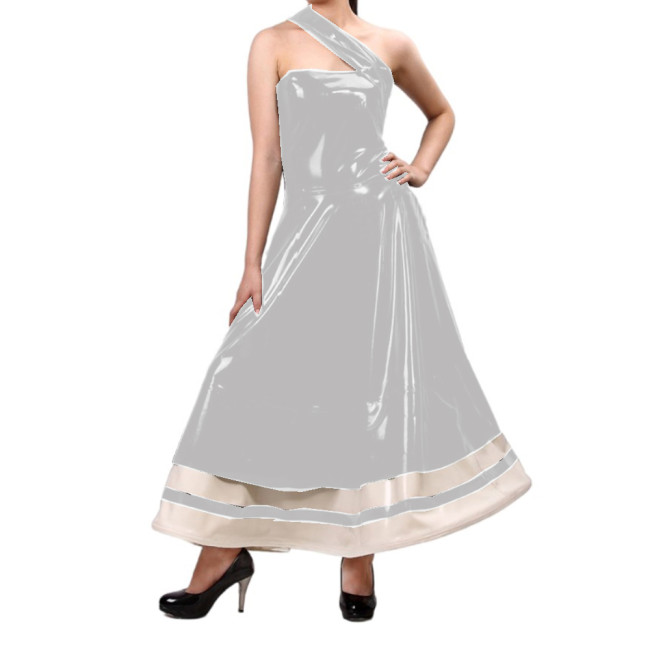 Sexy Women Elegant Wet Look PVC Sleeveless Oblique Strap Flare Dress Vestidos Party Ball Gown Wedding Evening Long Dress S-7XL