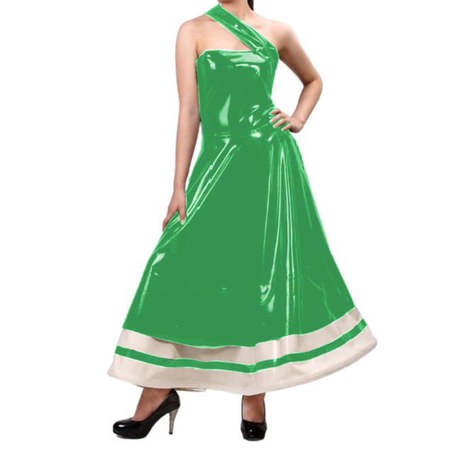 Sexy Women Elegant Wet Look PVC Sleeveless Oblique Strap Flare Dress Vestidos Party Ball Gown Wedding Evening Long Dress S-7XL