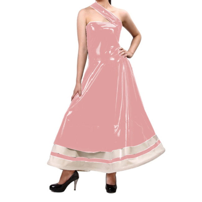 Sexy Women Elegant Wet Look PVC Sleeveless Oblique Strap Flare Dress Vestidos Party Ball Gown Wedding Evening Long Dress S-7XL