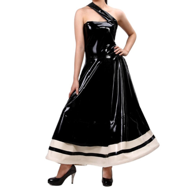 Sexy Women Elegant Wet Look PVC Sleeveless Oblique Strap Flare Dress Vestidos Party Ball Gown Wedding Evening Long Dress S-7XL
