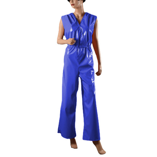 Fashion Sleeveless Shiny PVC Leather V-Neck Cross Jumpsuits Elegant Office Lady Ankle Length Pencil Rompers Casual Streetwear