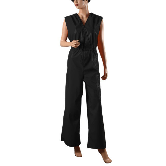 Fashion Sleeveless Shiny PVC Leather V-Neck Cross Jumpsuits Elegant Office Lady Ankle Length Pencil Rompers Casual Streetwear