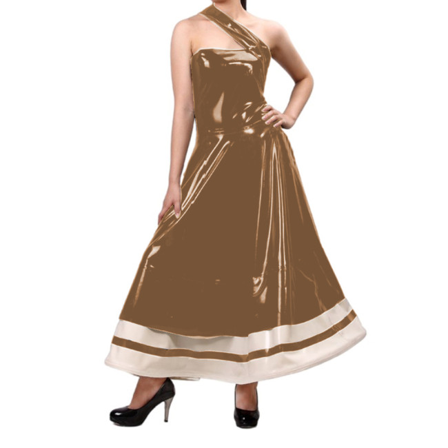 Sexy Women Elegant Wet Look PVC Sleeveless Oblique Strap Flare Dress Vestidos Party Ball Gown Wedding Evening Long Dress S-7XL