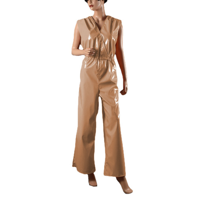 Fashion Sleeveless Shiny PVC Leather V-Neck Cross Jumpsuits Elegant Office Lady Ankle Length Pencil Rompers Casual Streetwear