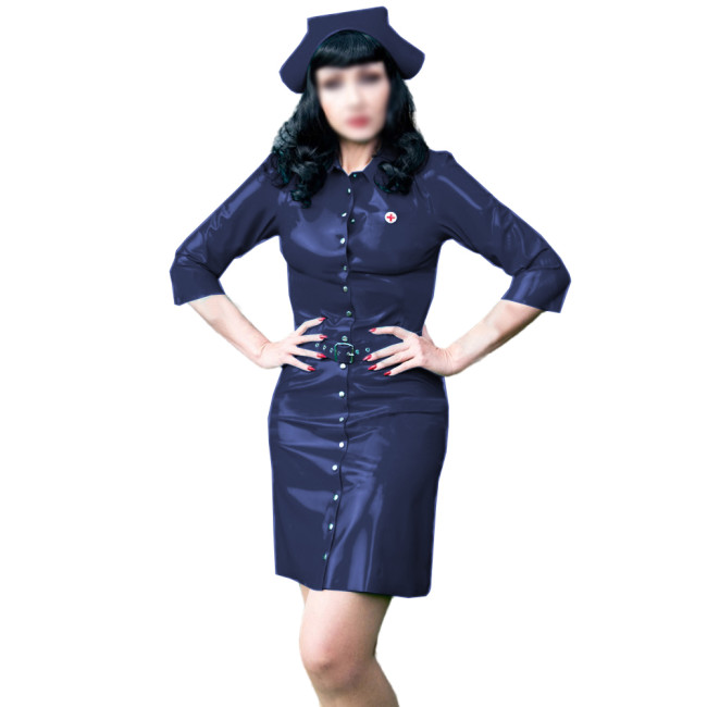 Sexy Women Nurse Uniform Costume Dress with Belt and Hats Full Button-up Sheath Mini Dresses Unisex Cosplay Outfit Party Club