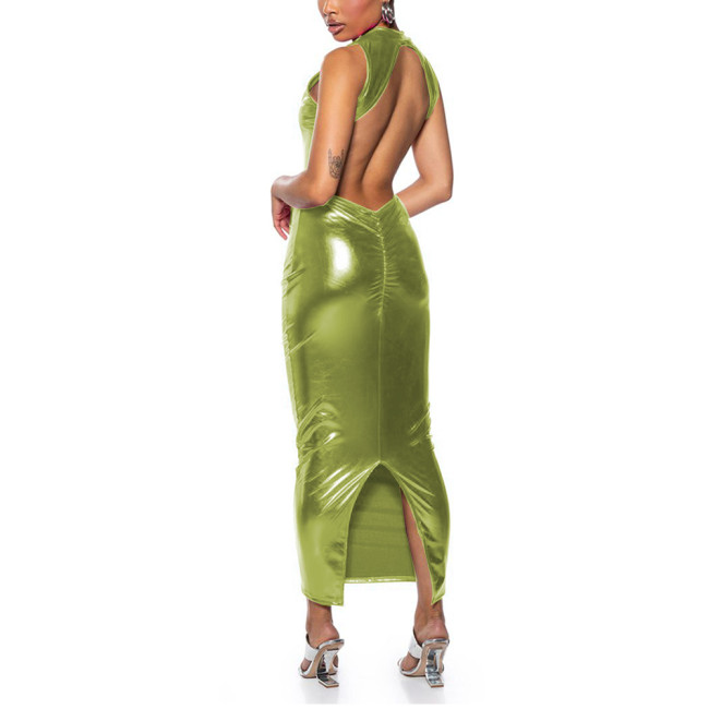 Womens Metallic Shiny Sexy Mock Neck Backless Long Bodycon Dress Raves Party Ladies Vinyl Clubwear Wetlook Ankle Length Dress