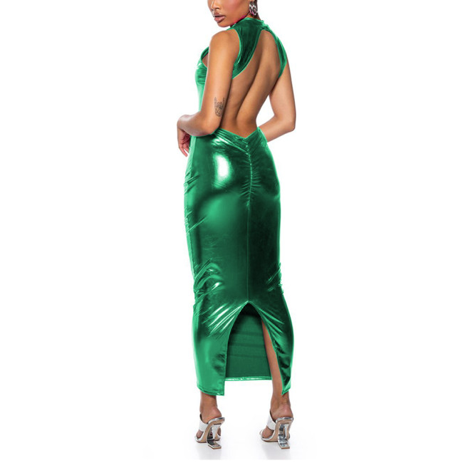 Womens Metallic Shiny Sexy Mock Neck Backless Long Bodycon Dress Raves Party Ladies Vinyl Clubwear Wetlook Ankle Length Dress