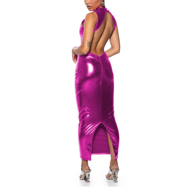 Womens Metallic Shiny Sexy Mock Neck Backless Long Bodycon Dress Raves Party Ladies Vinyl Clubwear Wetlook Ankle Length Dress
