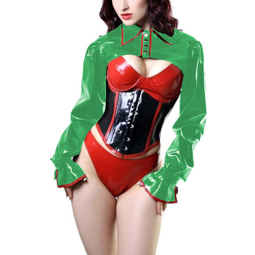 Female Shine PVC Leather Turn-down Collar Cropped Shrug Jackets Sissy Pull Long Sleeve Short Tops Nightclub Party Cosplay Coats