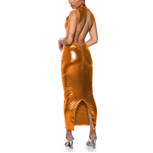Womens Metallic Shiny Sexy Mock Neck Backless Long Bodycon Dress Raves Party Ladies Vinyl Clubwear Wetlook Ankle Length Dress