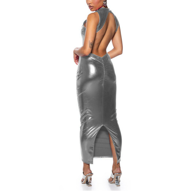 Womens Metallic Shiny Sexy Mock Neck Backless Long Bodycon Dress Raves Party Ladies Vinyl Clubwear Wetlook Ankle Length Dress