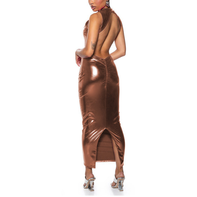 Womens Metallic Shiny Sexy Mock Neck Backless Long Bodycon Dress Raves Party Ladies Vinyl Clubwear Wetlook Ankle Length Dress