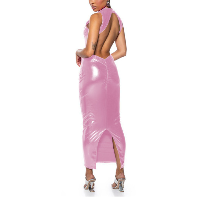 Womens Metallic Shiny Sexy Mock Neck Backless Long Bodycon Dress Raves Party Ladies Vinyl Clubwear Wetlook Ankle Length Dress