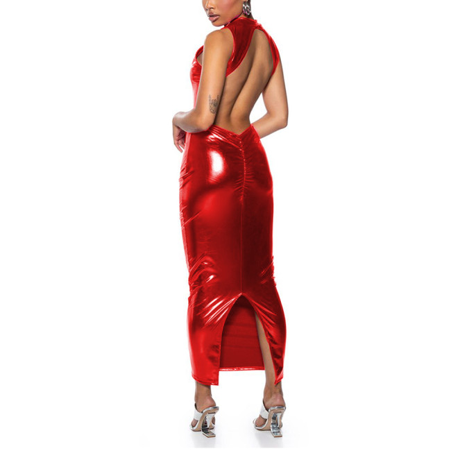 Womens Metallic Shiny Sexy Mock Neck Backless Long Bodycon Dress Raves Party Ladies Vinyl Clubwear Wetlook Ankle Length Dress