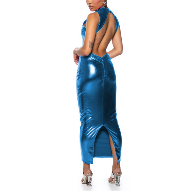 Womens Metallic Shiny Sexy Mock Neck Backless Long Bodycon Dress Raves Party Ladies Vinyl Clubwear Wetlook Ankle Length Dress