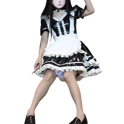 Lolita Lockable PVC Shiny French Maid Unifroms Halloween Party Short Bubble Sleeve Ruffles Maid Dress with Apron Fetish Cosplay