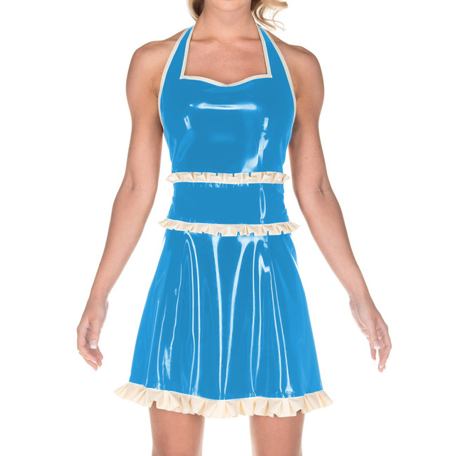 Women Exotic Dresses Glossy PVC Sexy Halter Back Hollow Apron Dress Faux Latex Ruffles Dress Cosplay Maid Evening Night Costumes