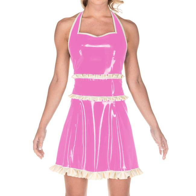 Women Exotic Dresses Glossy PVC Sexy Halter Back Hollow Apron Dress Faux Latex Ruffles Dress Cosplay Maid Evening Night Costumes
