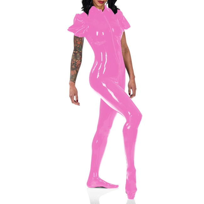 Sexy Wet Look PVC Short Puff Sleeve Jumpsuits Overalls Skinny Zipper to Crotch Ankle-Length Pants Catsuits Outfit Women Costumes