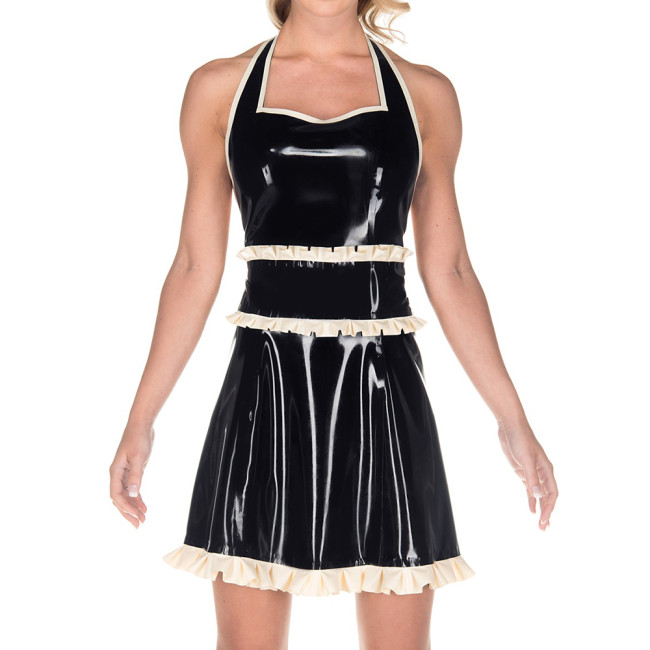 Women Exotic Dresses Glossy PVC Sexy Halter Back Hollow Apron Dress Faux Latex Ruffles Dress Cosplay Maid Evening Night Costumes