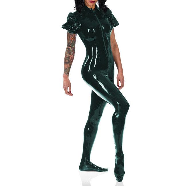 Sexy Wet Look PVC Short Puff Sleeve Jumpsuits Overalls Skinny Zipper to Crotch Ankle-Length Pants Catsuits Outfit Women Costumes