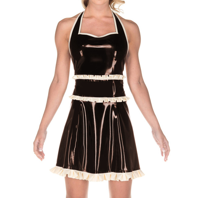 Women Exotic Dresses Glossy PVC Sexy Halter Back Hollow Apron Dress Faux Latex Ruffles Dress Cosplay Maid Evening Night Costumes