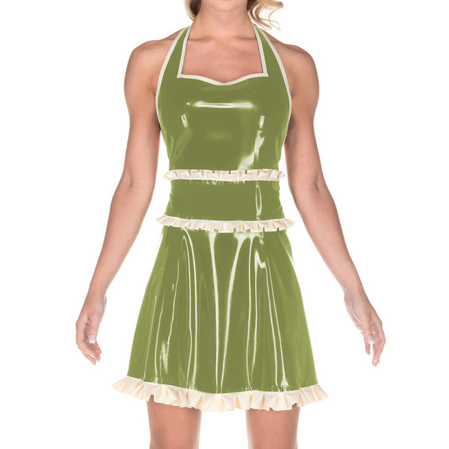 Women Exotic Dresses Glossy PVC Sexy Halter Back Hollow Apron Dress Faux Latex Ruffles Dress Cosplay Maid Evening Night Costumes