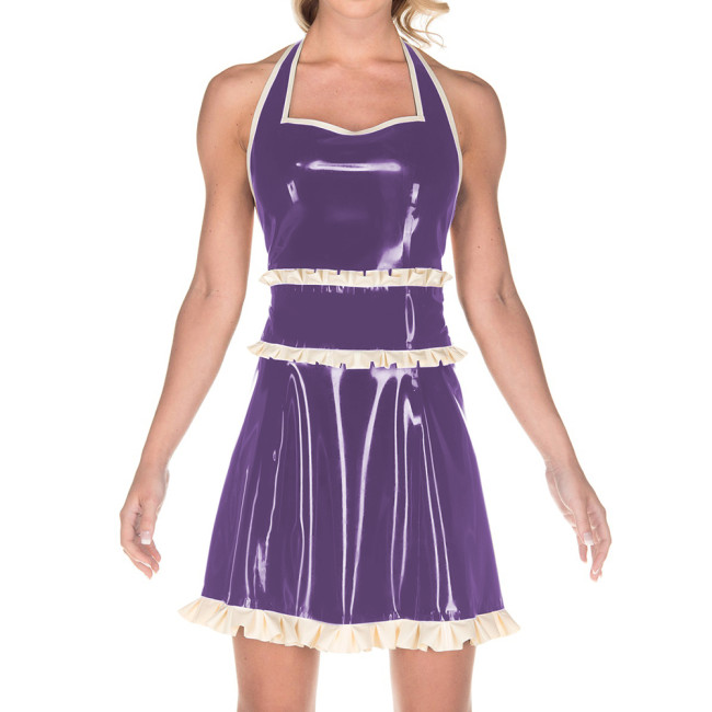 Women Exotic Dresses Glossy PVC Sexy Halter Back Hollow Apron Dress Faux Latex Ruffles Dress Cosplay Maid Evening Night Costumes