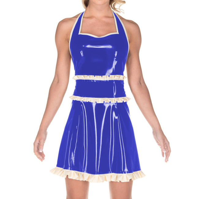 Women Exotic Dresses Glossy PVC Sexy Halter Back Hollow Apron Dress Faux Latex Ruffles Dress Cosplay Maid Evening Night Costumes