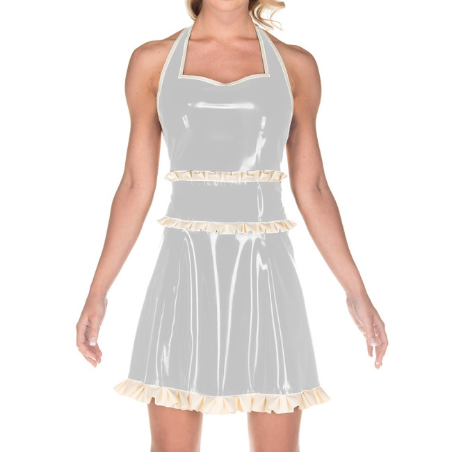 Women Exotic Dresses Glossy PVC Sexy Halter Back Hollow Apron Dress Faux Latex Ruffles Dress Cosplay Maid Evening Night Costumes