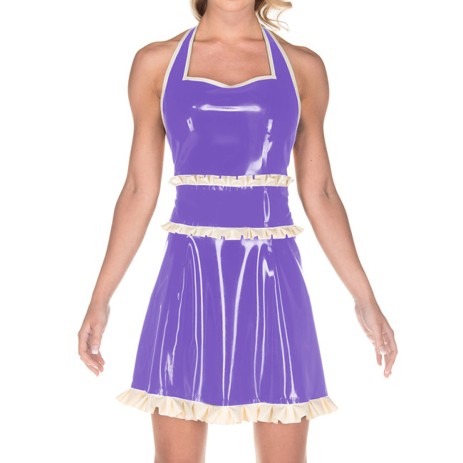 Women Exotic Dresses Glossy PVC Sexy Halter Back Hollow Apron Dress Faux Latex Ruffles Dress Cosplay Maid Evening Night Costumes
