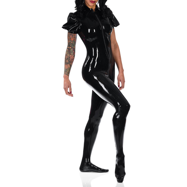 Sexy Wet Look PVC Short Puff Sleeve Jumpsuits Overalls Skinny Zipper to Crotch Ankle-Length Pants Catsuits Outfit Women Costumes