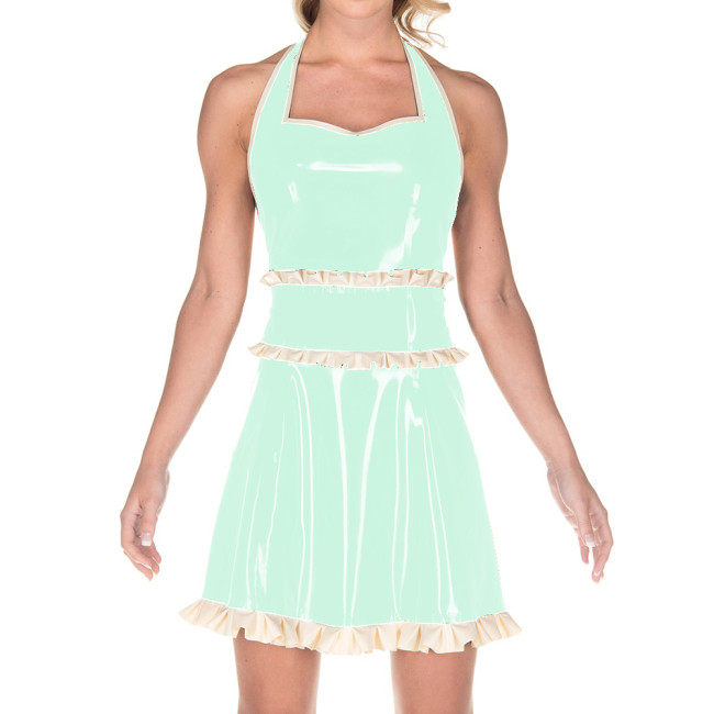 Women Exotic Dresses Glossy PVC Sexy Halter Back Hollow Apron Dress Faux Latex Ruffles Dress Cosplay Maid Evening Night Costumes