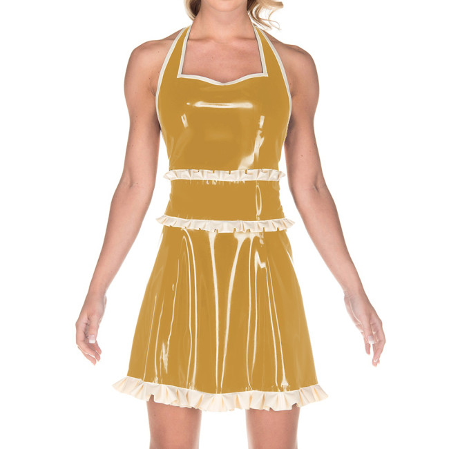Women Exotic Dresses Glossy PVC Sexy Halter Back Hollow Apron Dress Faux Latex Ruffles Dress Cosplay Maid Evening Night Costumes