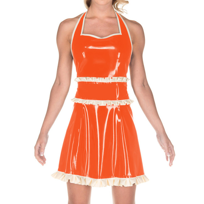 Women Exotic Dresses Glossy PVC Sexy Halter Back Hollow Apron Dress Faux Latex Ruffles Dress Cosplay Maid Evening Night Costumes