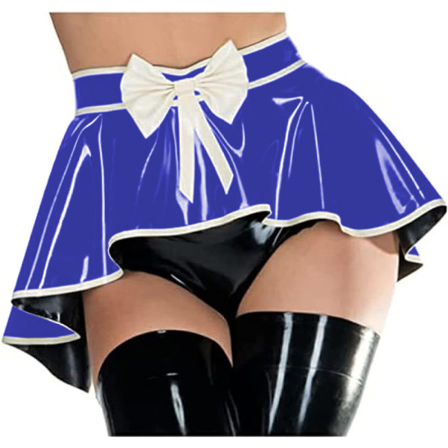 S-7XL Glossy Faux Latex Women Sexy Mini Skirt Patchwork Wetlook PVC Gothic Bowknot Irregular A-Line Skirt Party Club Streetwear