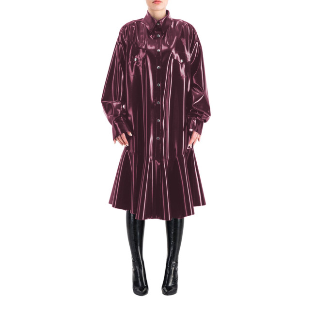 Sissy Shirt Mermaid Dress Wetlook PVC Full Sleeve Lapel Neck Long Dress Buttons-up Madi Dress Costumes Club Party Outfits S-7XL