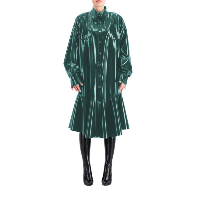 Sissy Shirt Mermaid Dress Wetlook PVC Full Sleeve Lapel Neck Long Dress Buttons-up Madi Dress Costumes Club Party Outfits S-7XL