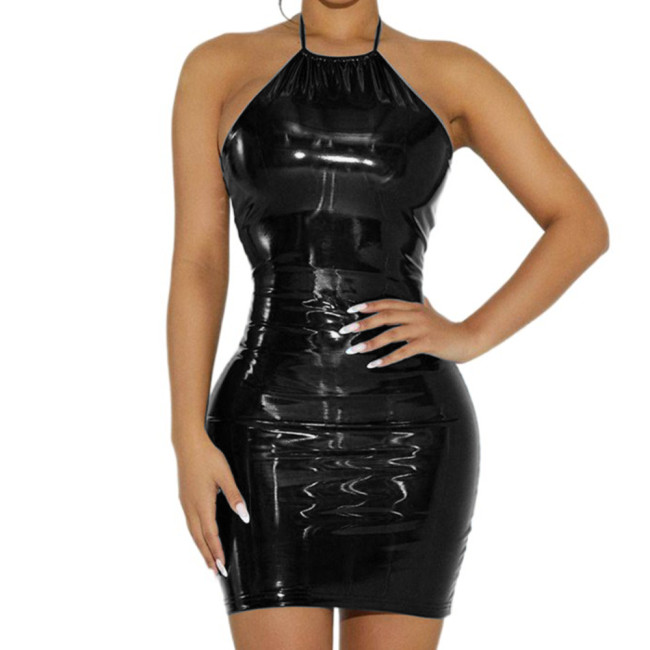 Sexy Halter Lace-up Sleeveless Sheath Dress Glossy PVC Leather Slim Fit Mini Dress Party Clubwear Costumes Evening Dresses S-7XL