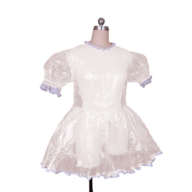 Sexy Lockable Clear PVC A-Line Mini Dress Fetish Plastic Puff Short Sleeve Lolita Dress Private Party Spicy Pajama Dolls Costume