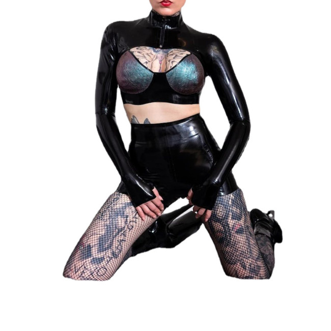 Sexy Shorts Dress PVC Wet Look Full Sleeve Crop Tops and High Waist Shorts Costume Party Club 2piece Sets Clothes Women Outfits