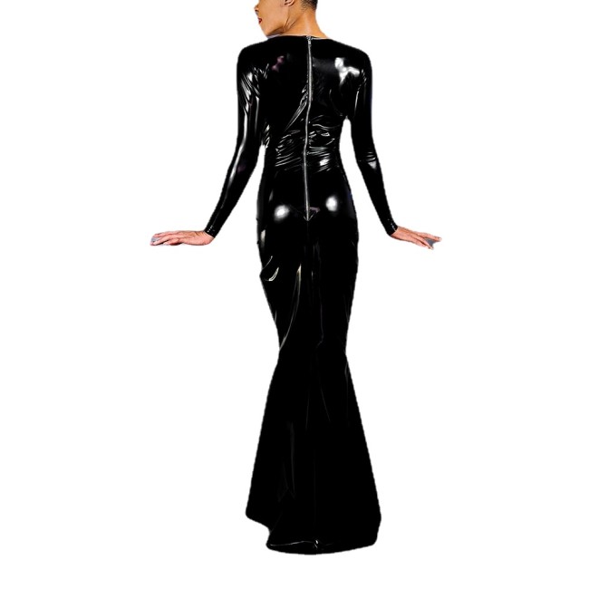 Sexy Vinyl PVC Leather Long Dress Gown Lady V Neck Long Sleeve Formal Dress Women Evening Party Bodycon Dresses Elegant Vestido