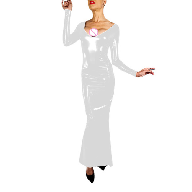Sexy Vinyl PVC Leather Long Dress Gown Lady V Neck Long Sleeve Formal Dress Women Evening Party Bodycon Dresses Elegant Vestido