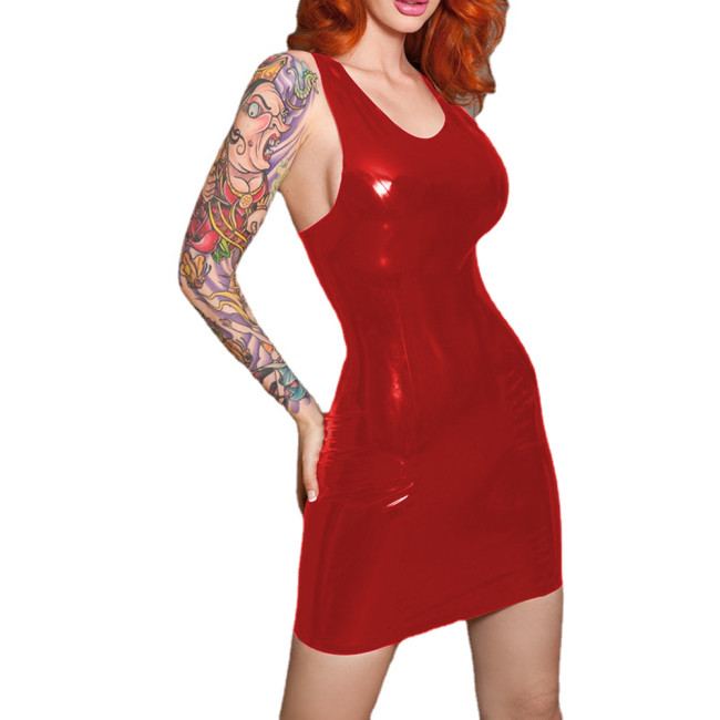 Glossy PVC Leather Women Tank Hobble Sleeveless Back Bowknot Strap Mini Dress Skinny Pencil Dress Party Clubwear Robe Femme 7XL