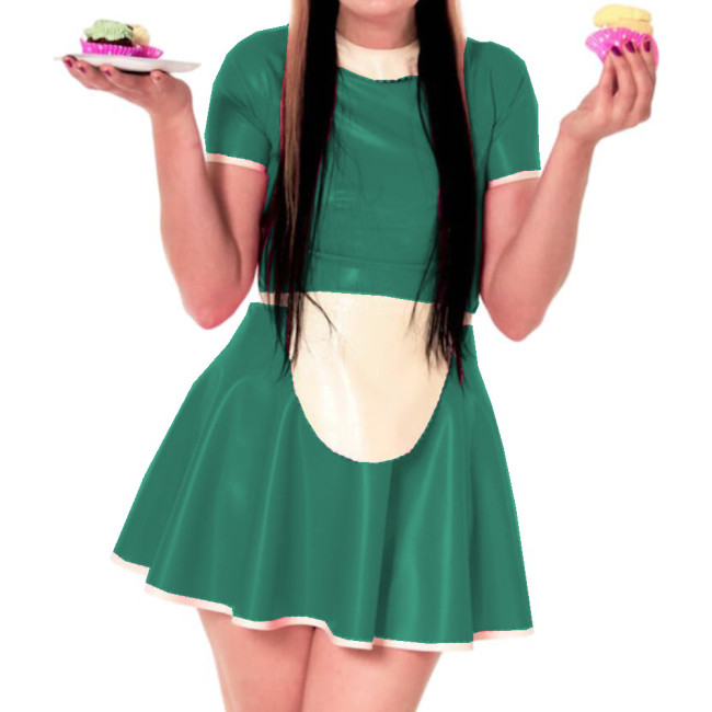 Sissy Dress Maid Costumes Wet Look PVC Round Neck A line Dress Vintage Short Puff Sleeve Sexi Night Mini Dress Hot Cosplay S-7XL