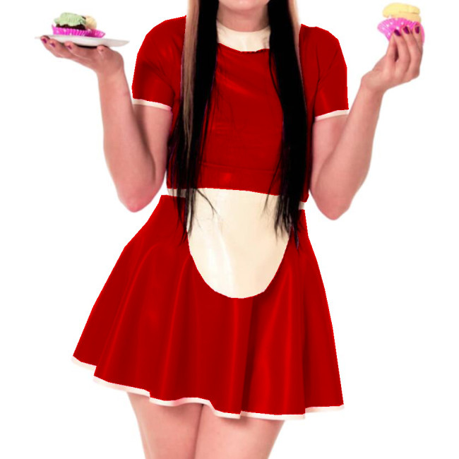 Sissy Dress Maid Costumes Wet Look PVC Round Neck A line Dress Vintage Short Puff Sleeve Sexi Night Mini Dress Hot Cosplay S-7XL