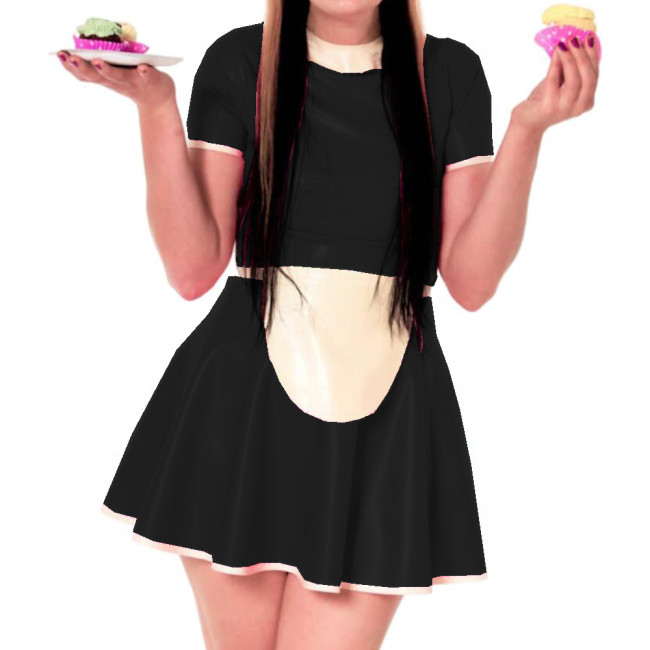 Sissy Dress Maid Costumes Wet Look PVC Round Neck A line Dress Vintage Short Puff Sleeve Sexi Night Mini Dress Hot Cosplay S-7XL