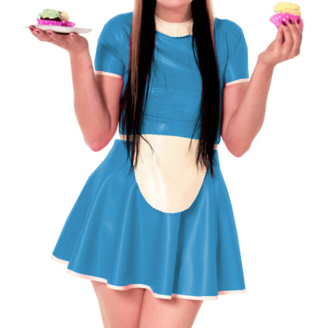 Sissy Dress Maid Costumes Wet Look PVC Round Neck A line Dress Vintage Short Puff Sleeve Sexi Night Mini Dress Hot Cosplay S-7XL