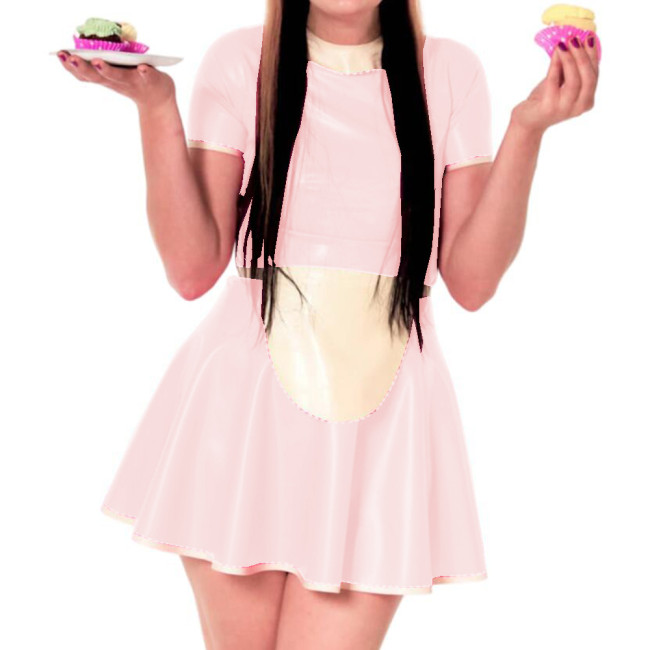 Sissy Dress Maid Costumes Wet Look PVC Round Neck A line Dress Vintage Short Puff Sleeve Sexi Night Mini Dress Hot Cosplay S-7XL